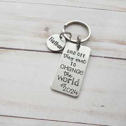 And Off They Went To Change The World, Non Binary Graduation Keychain, Custom Class of 2024, Inspirational High School Senior Gifts for Them