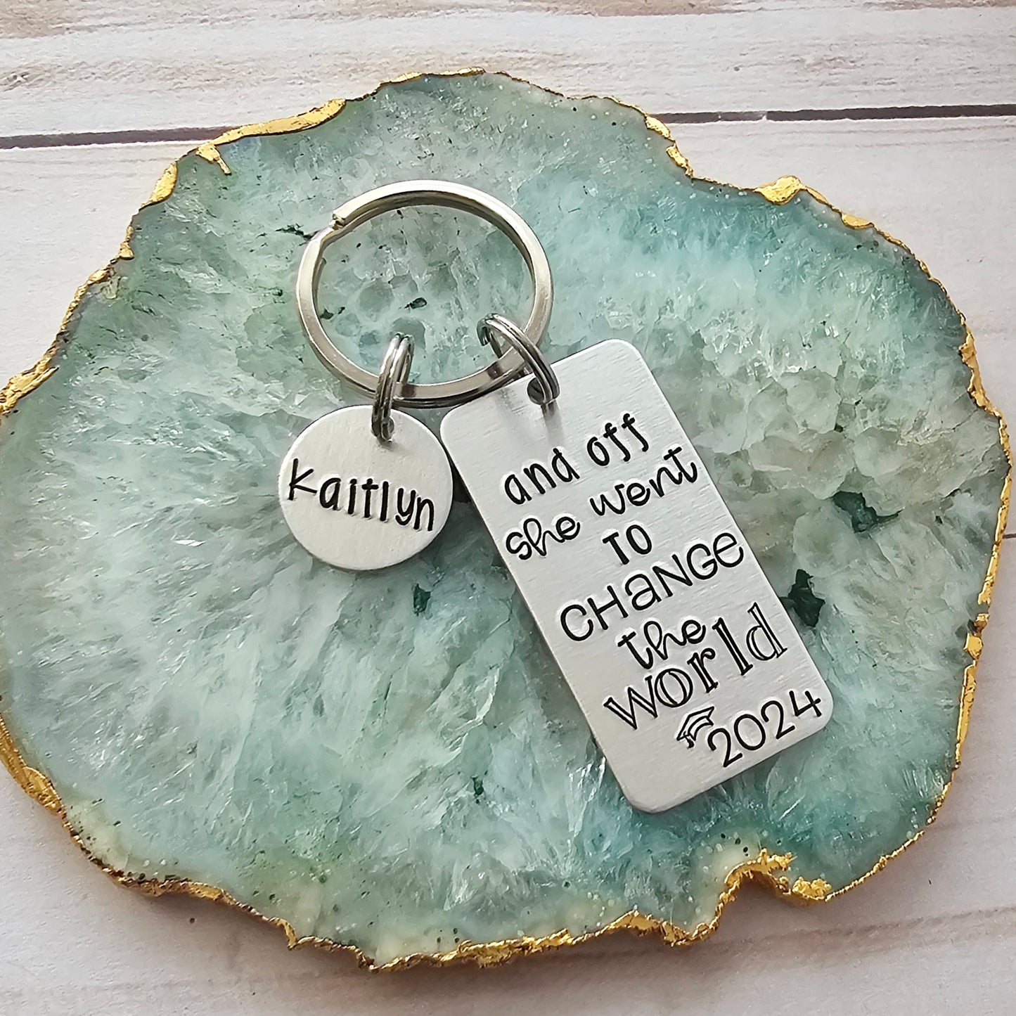 Graduation Gifts for Her, 2024 Personalized Seniors Keychain, And Off She Went To Change The World, High School Graduate Gift for Daughter