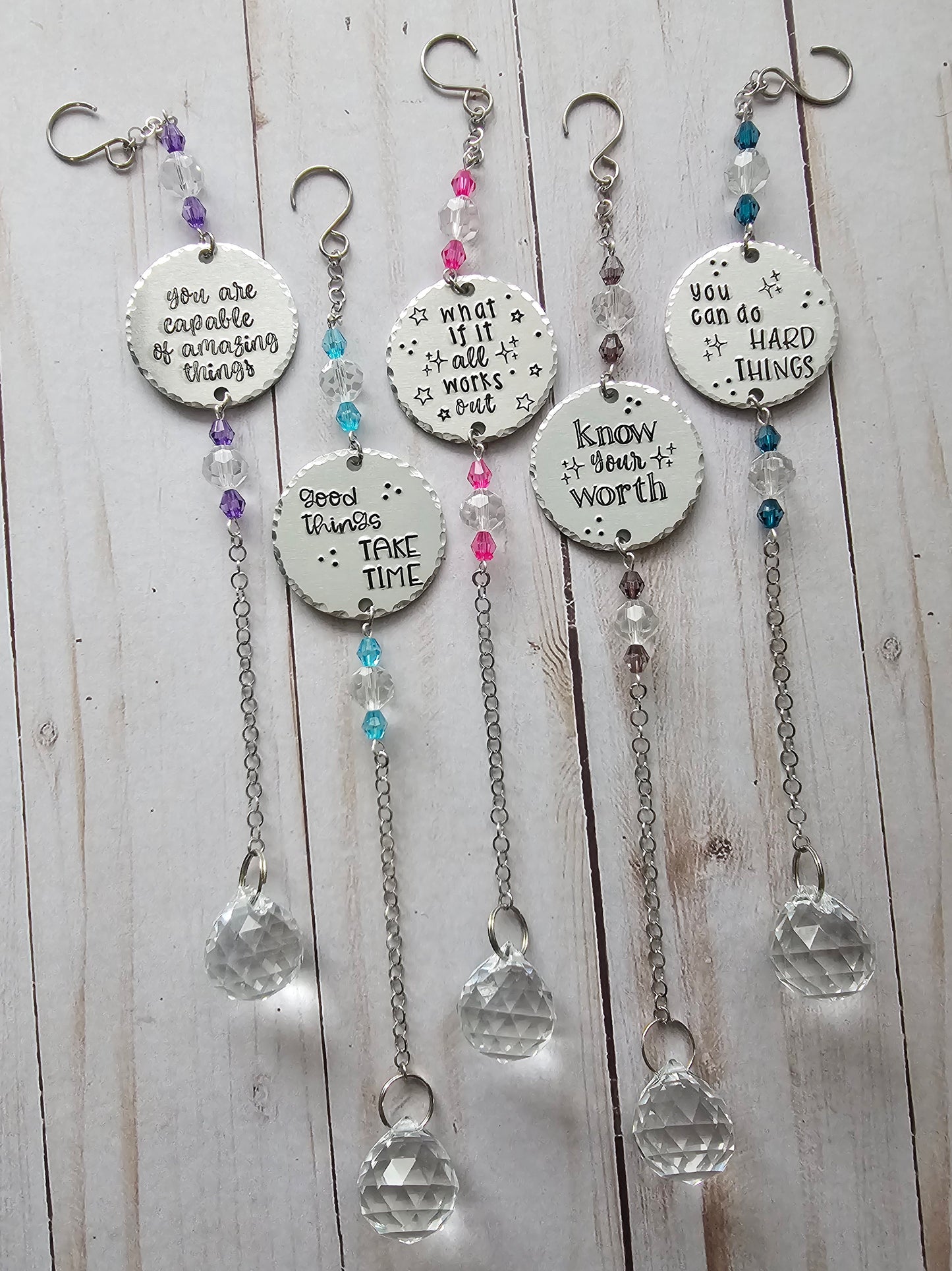 Crystal Suncatcher with Hand Stamped Charm, Cute Bedroom Decor For Teen Girls, Know your Worth, You Can Do Hard Things