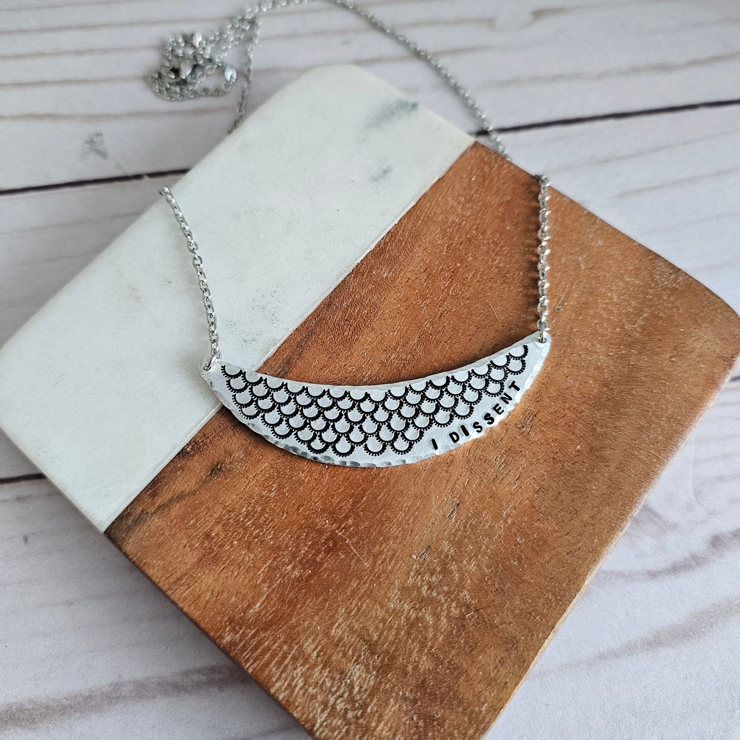 I Dissent Silver Crescent Handstamped Necklace