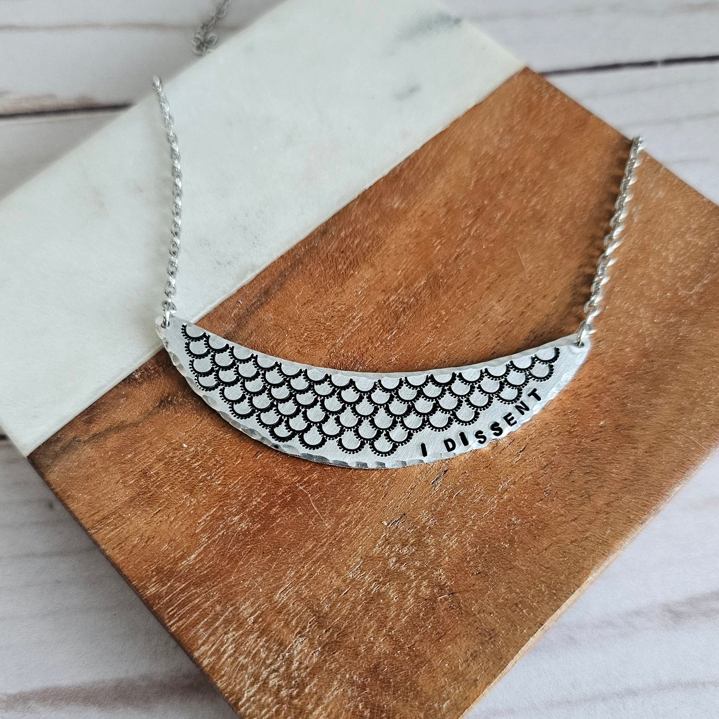 I Dissent Silver Crescent Handstamped Necklace