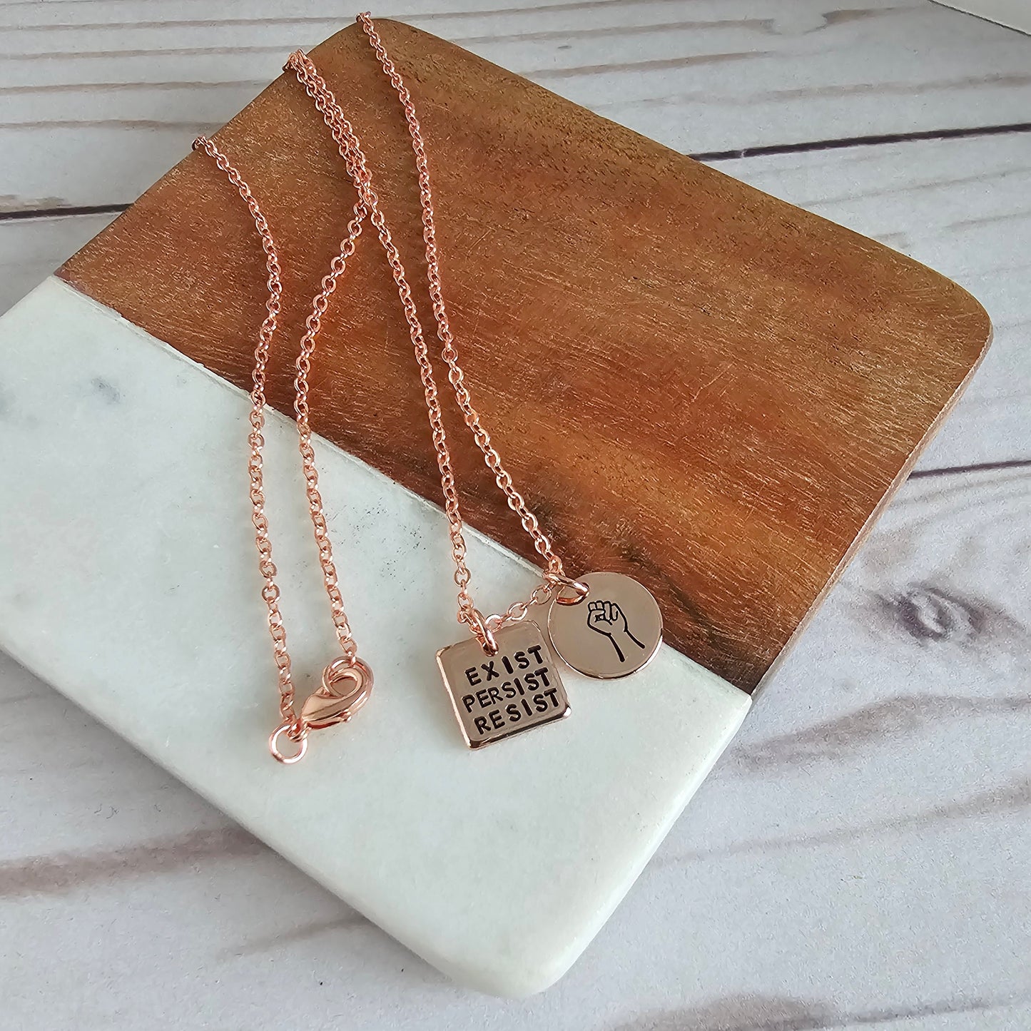 Rose Gold Square Exist Persist Resist and Round Rose Gold Fist Necklace