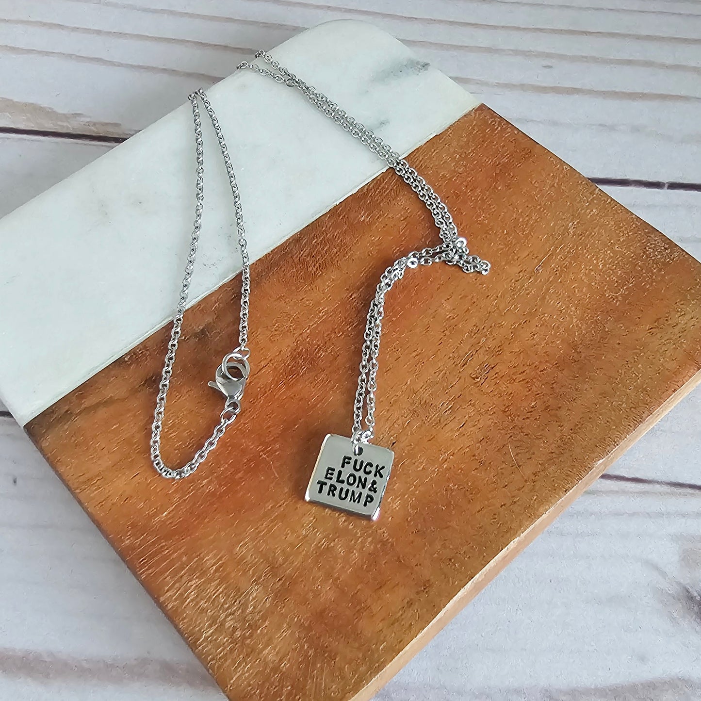 Tiny Square FUCK ELON & TRUMP Necklace