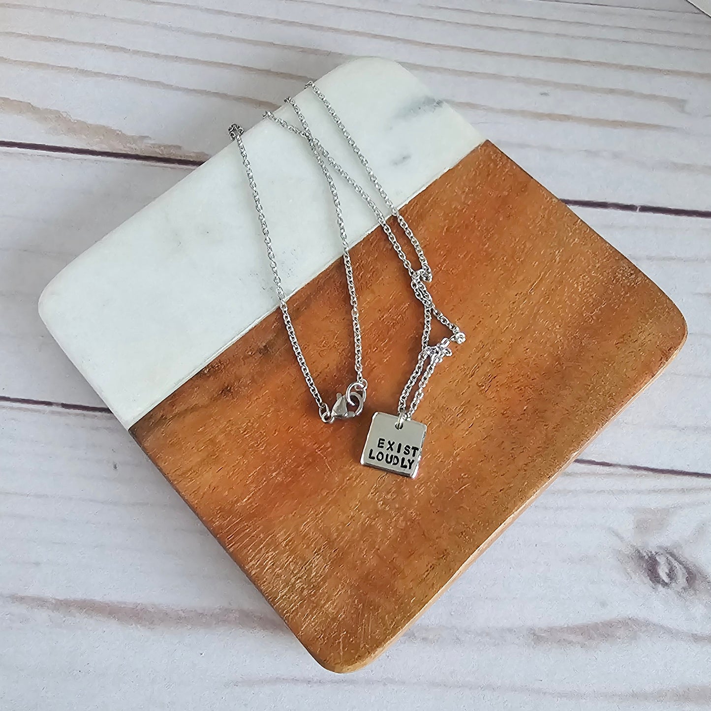 Tiny Silver Square EXIST LOUDLY Necklace