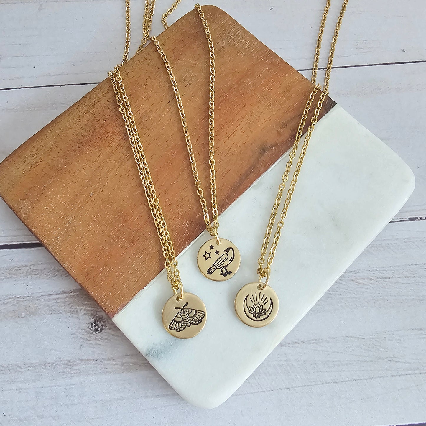 Lil Spookies Tiny Brass Disc Necklace with Spooky Designs
