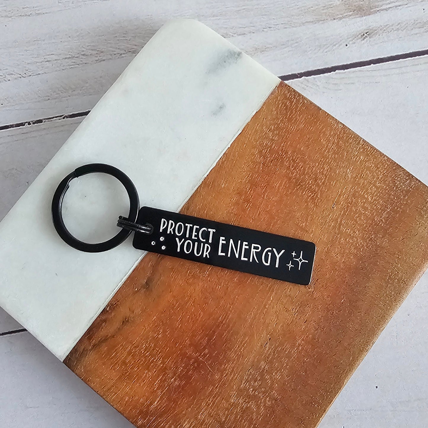 Protect Your Energy Black Aluminum Keychain, Lightweight Hand Stamped Key Chain, Cute Gifts for Women