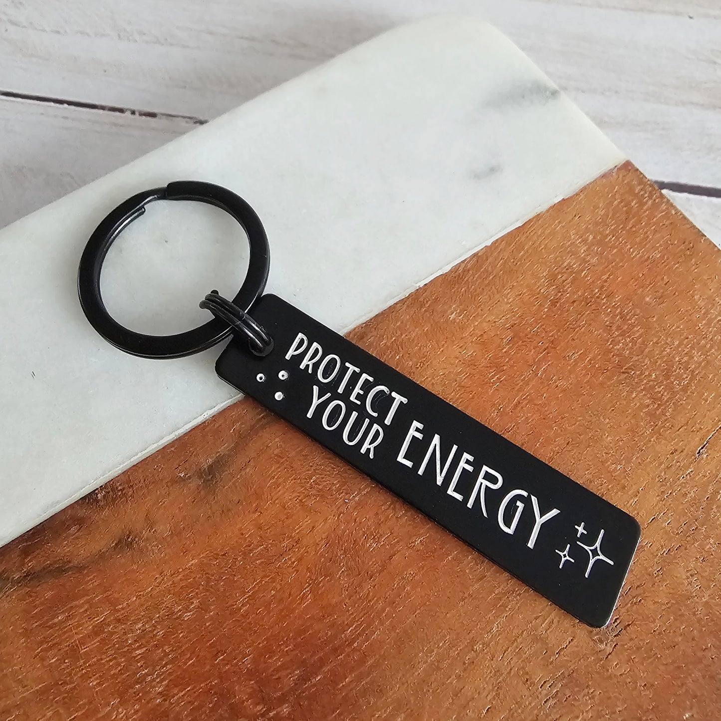Protect Your Energy Black Aluminum Keychain, Lightweight Hand Stamped Key Chain, Cute Gifts for Women