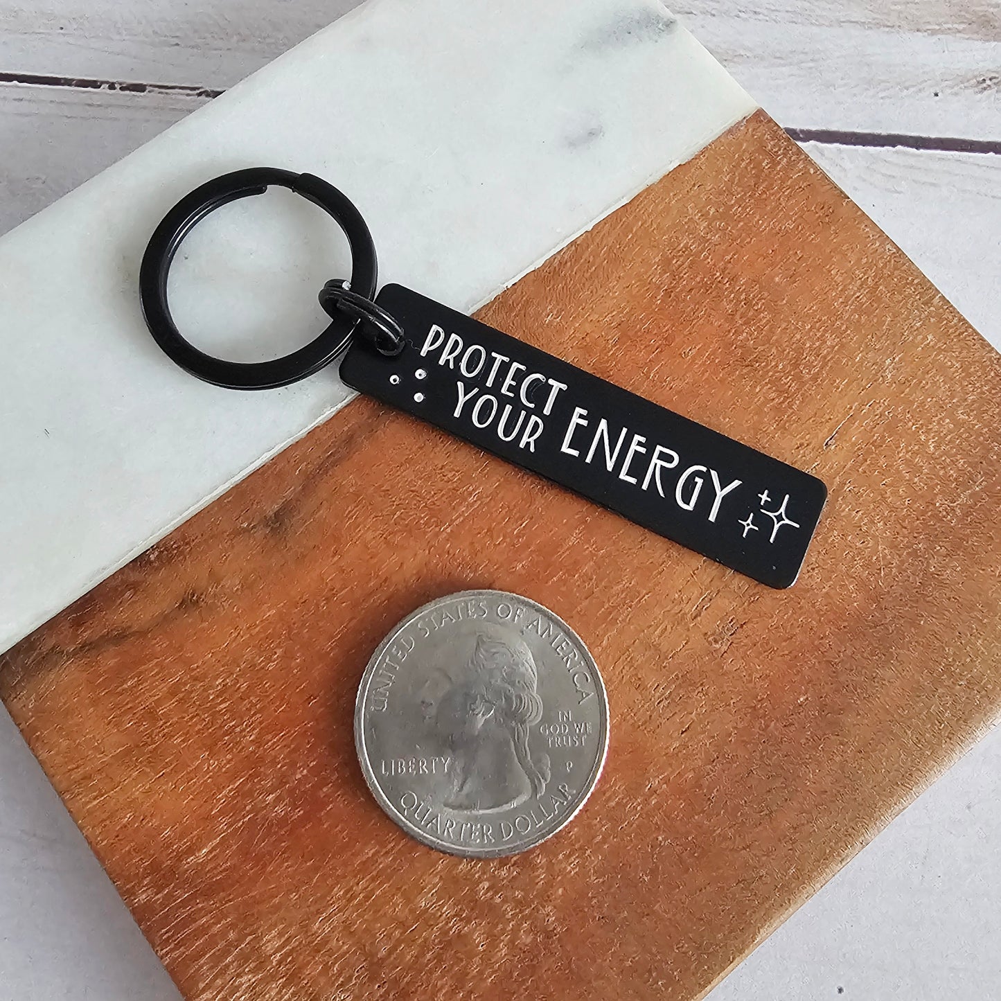 Protect Your Energy Black Aluminum Keychain, Lightweight Hand Stamped Key Chain, Cute Gifts for Women