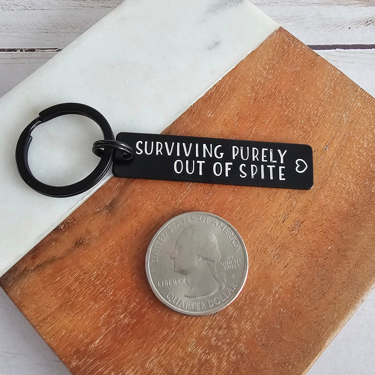 Surviving Purely Out Of Spite Black Aluminum Keychain, Lightweight Funny Hand Stamped Key Chain