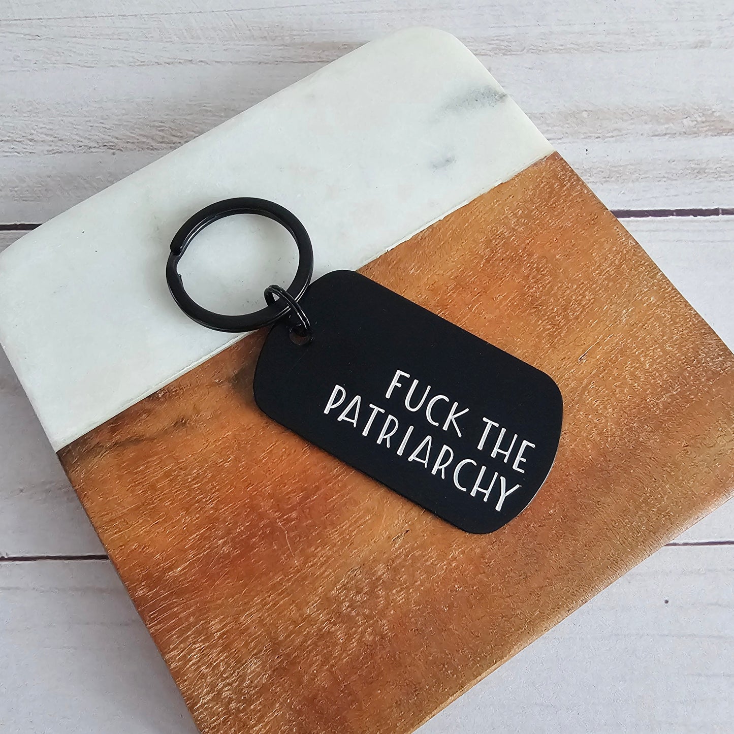 Fuck The Patriarchy Black Dog Tag Keychain, Handstamped Lightweight Key Chain
