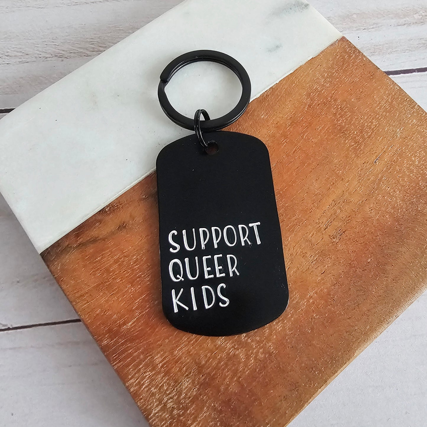 Support Queer Kids Black Dog Tag Keychain, Handstamped Lightweight Key Chain