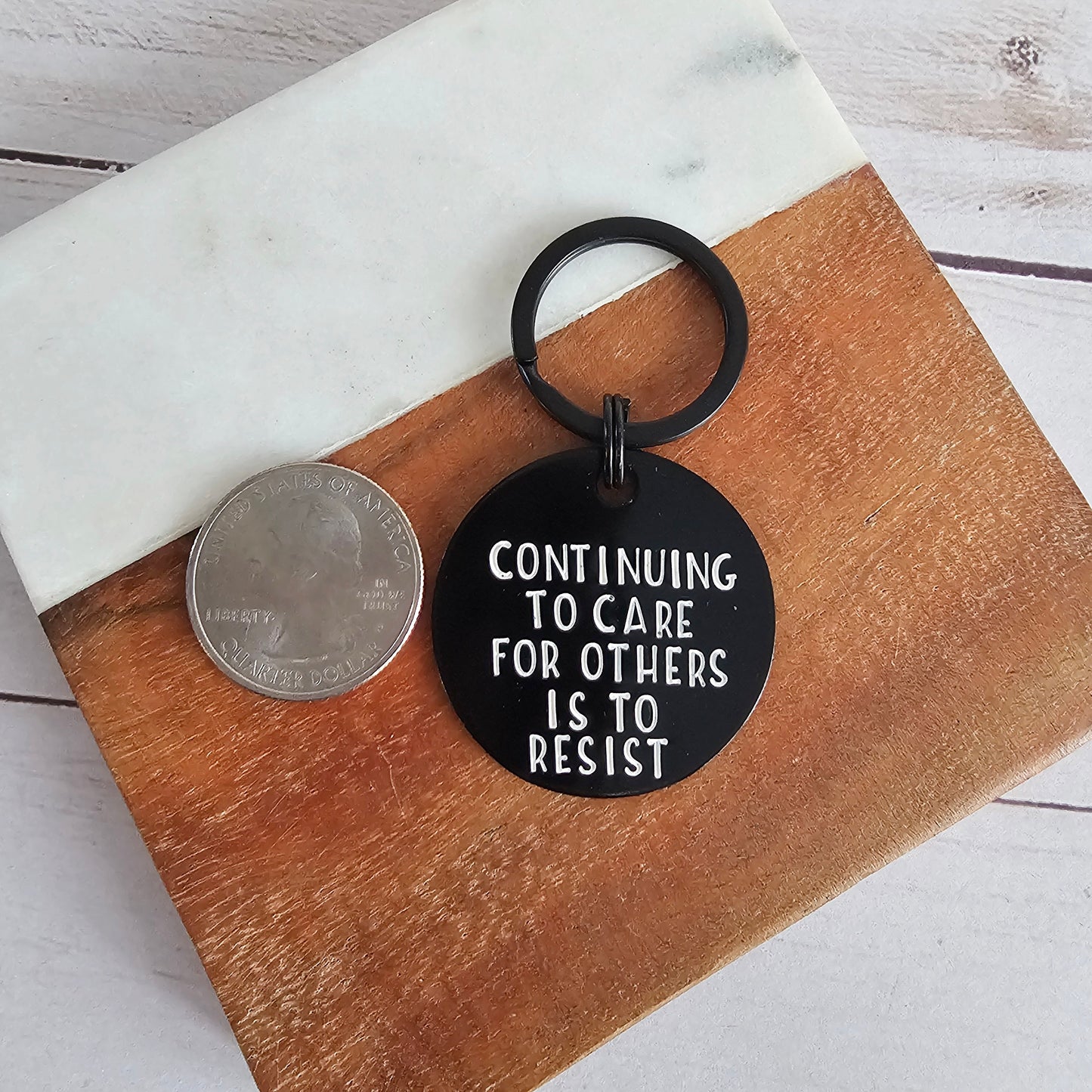 Continuing To Care For Others Is To Resist, Hand Stamped Black Metal Keychain, Antifa Gifts