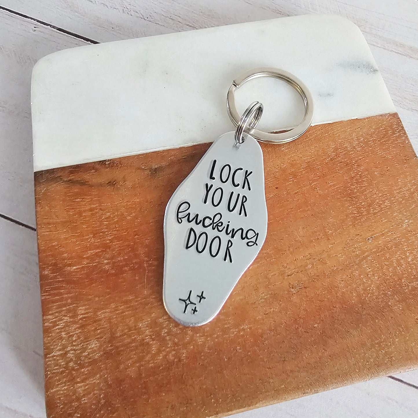Lock Your Fucking Door Motel Keychain, Handstamped Funny Motel Key Chain for Women