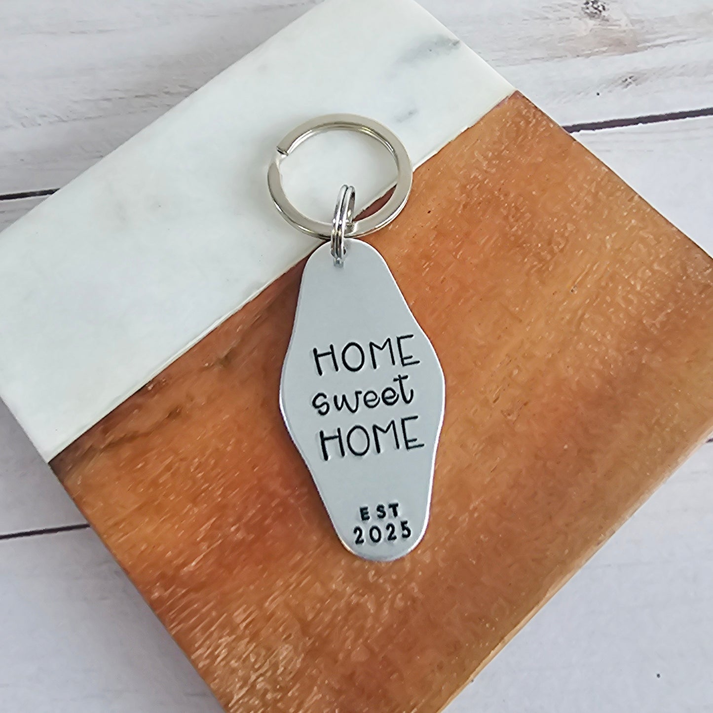 Home Sweet Home Motel Keychain, Handstamped Motel Key Chain for New Homeowner