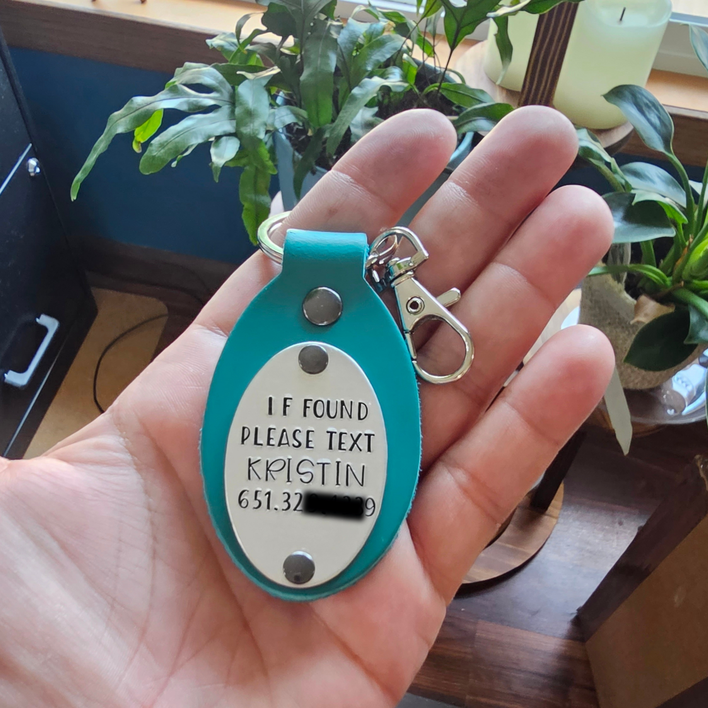 Leather Keychain Identification Tag, If Found Please Text, ID Tag for Backpack, Purse, Luggage, Laptop Bag, Diaper Bag, Sports Equipment Bag