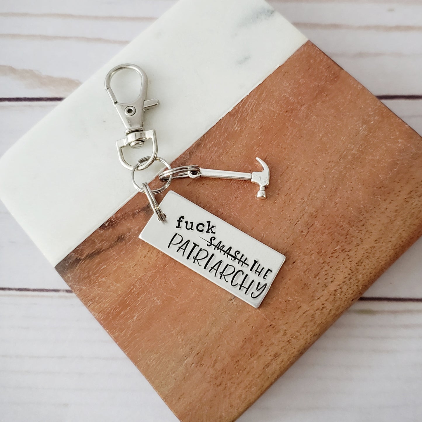 Fuck The Patriarchy Keychain with Hammer Charm