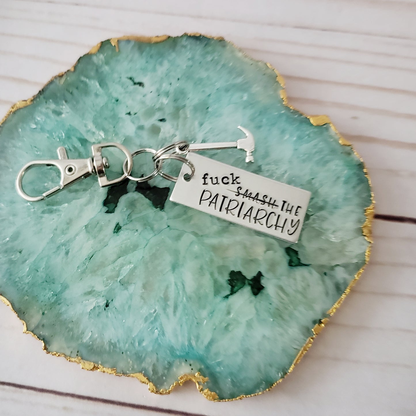 Fuck The Patriarchy Keychain with Hammer Charm