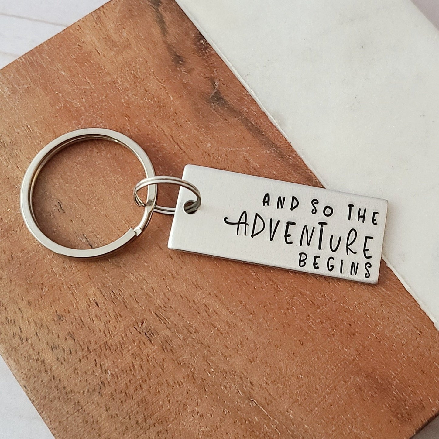 And So The Adventure Begins Keychain, Cute Handstamped Keychain, New Beginnings Gift