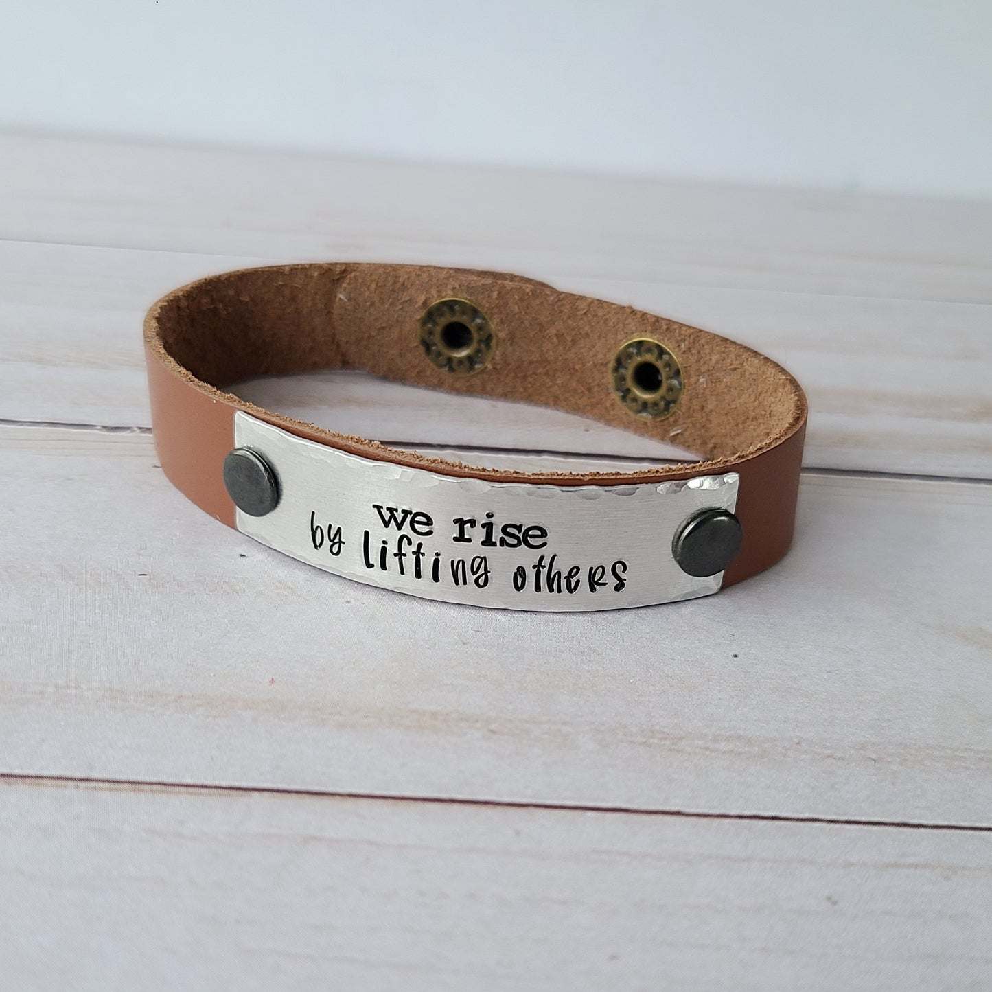 We Rise By Lifting Others - Natural Tan Leather Cuff Bracelet
