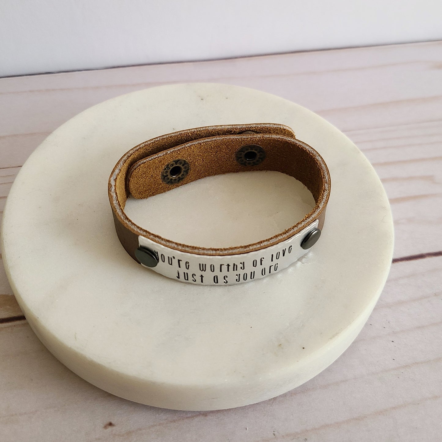 You're Worthy of Love Just As You Are - Bronze Metallic Leather Cuff Bracelet