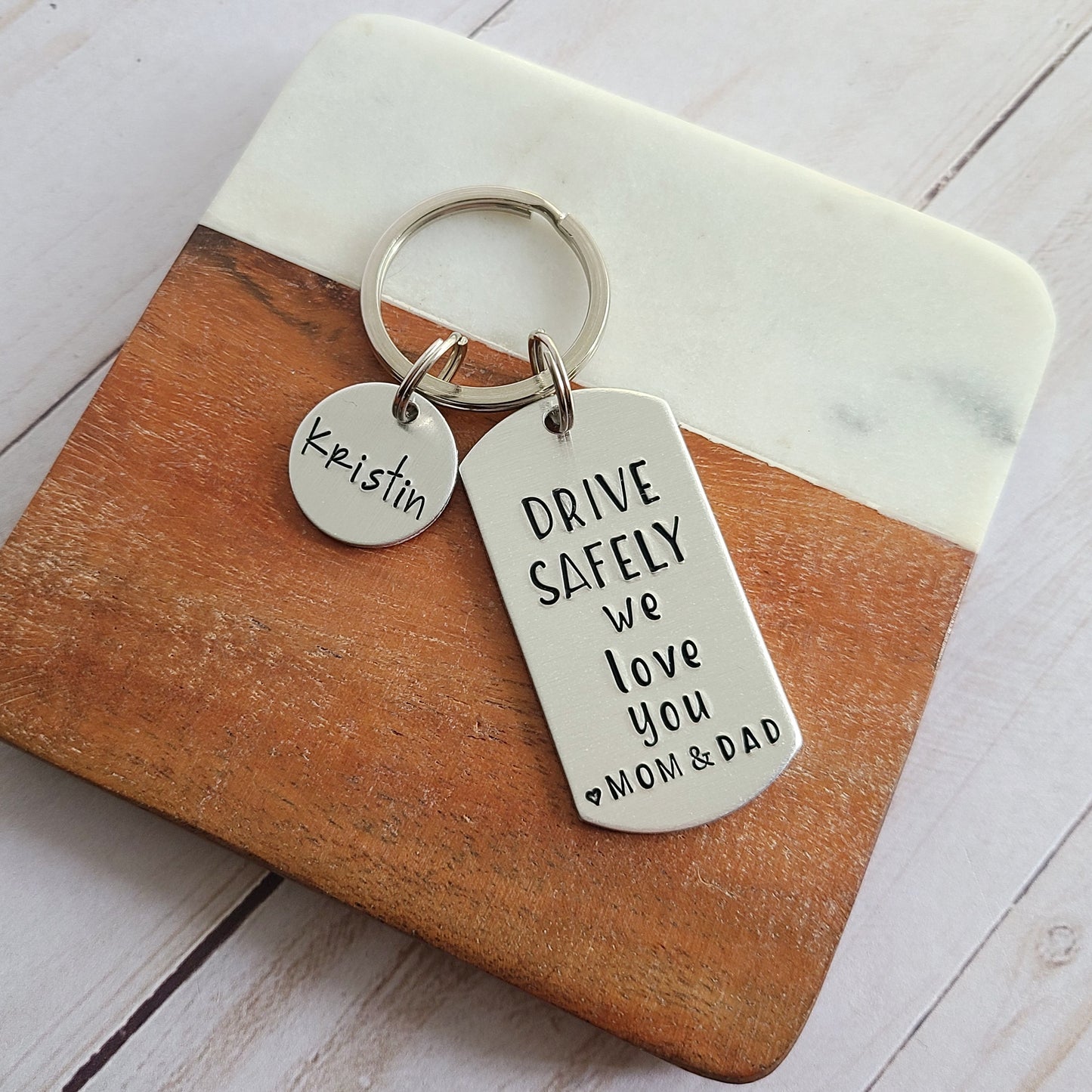 Drive Safely We Love You Cute Keychain for Kids from Parents, Hand Stamped Custom Keychains