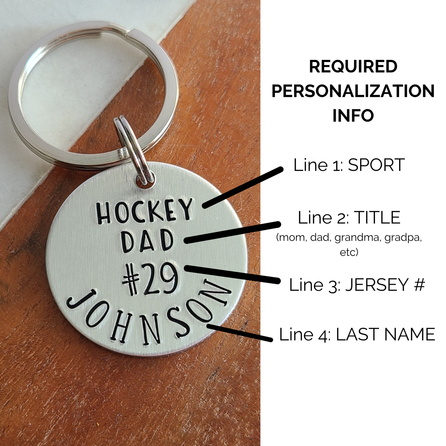 Hockey Dad Keychain, Hockey Mom Keychain, Custom Sport Keychain With Player Number and Last Name, Choose Your Sport, Custom Basketball Keychain, Hand Stamped Metal Keychain