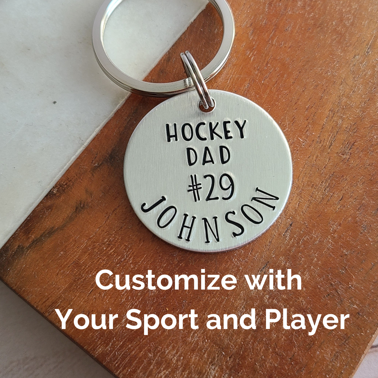 Hockey Dad Keychain, Hockey Mom Keychain, Custom Sport Keychain With Player Number and Last Name, Choose Your Sport, Custom Basketball Keychain, Hand Stamped Metal Keychain