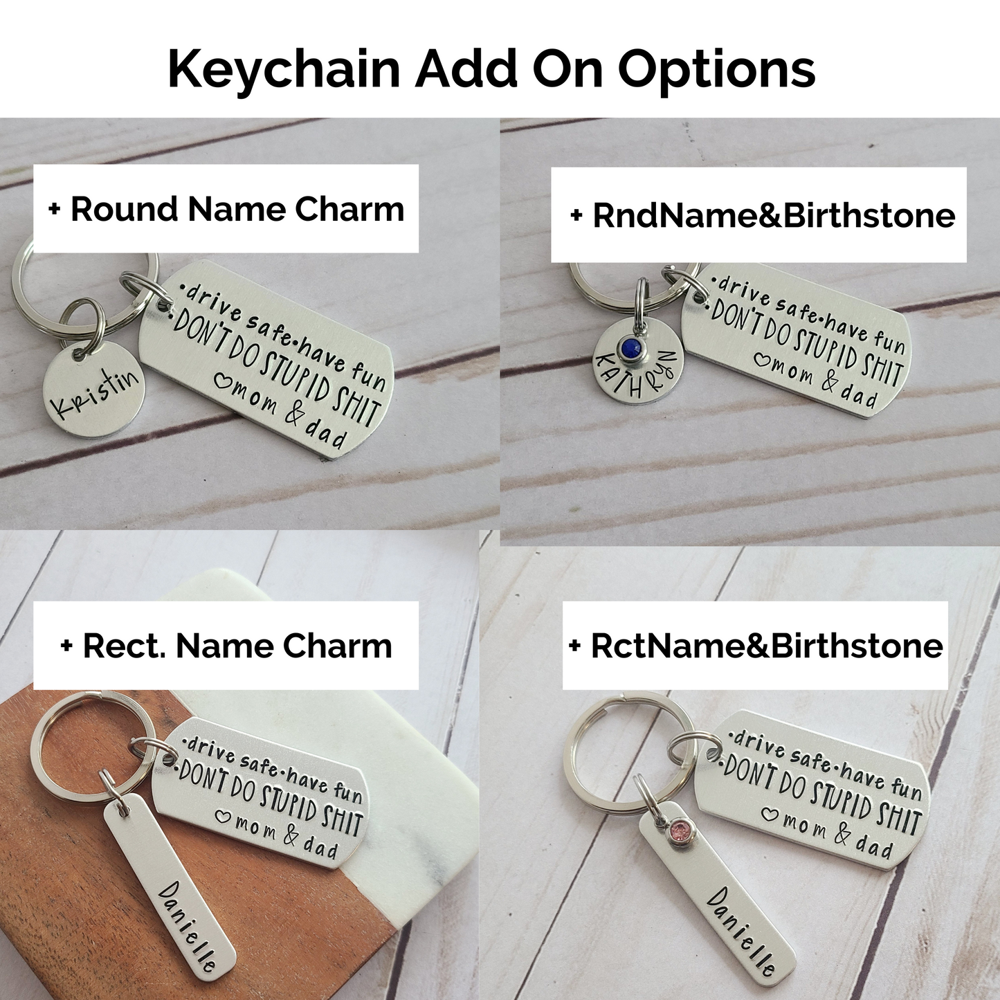 Drive Safe Have Fun Don't Do Stupid Shit Love Mom and Dad Handstamped Keychain - Keychains for Teenagers - Cute Personalized Accessories for Teens