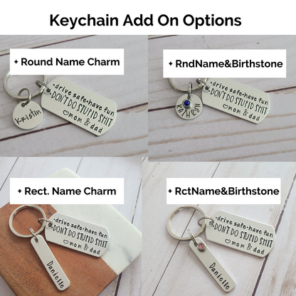 Drive Safe Have Fun Don't Do Stupid Shit Love Mom and Dad Handstamped Keychain - Keychains for Teenagers - Cute Personalized Accessories for Teens