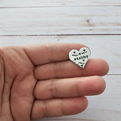 Heart Shaped Stabby Pin, Funny Handstamped Pins, Funny Gift for Best Friend, Silver Hand Stamped Backpack Pin, Cute Accessories for Women