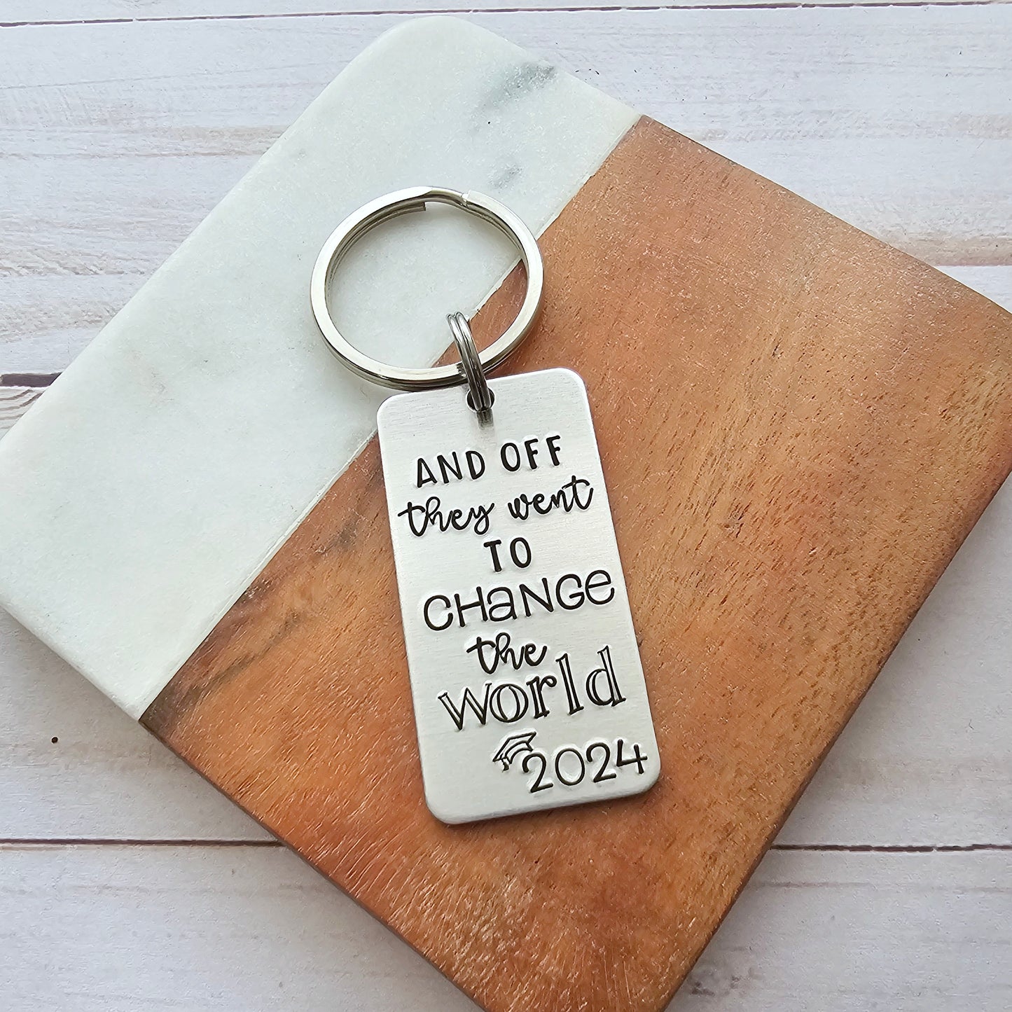 And Off They Went To Change The World, Non Binary Graduation Keychain, Custom Class of 2025, Inspirational High School Senior Gifts for Them