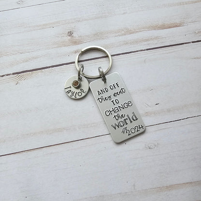 And Off They Went To Change The World, Non Binary Graduation Keychain, Custom Class of 2025, Inspirational High School Senior Gifts for Them