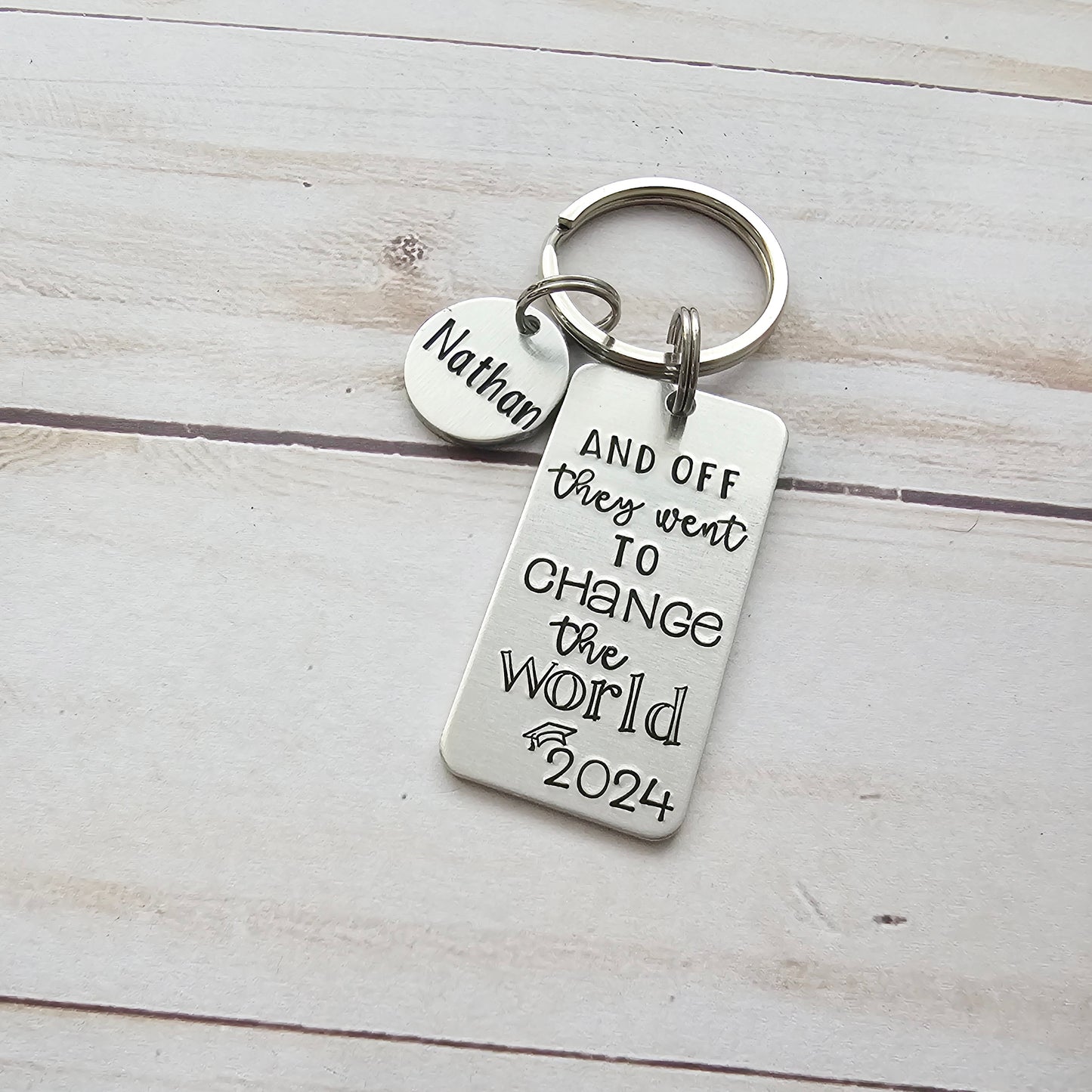 And Off They Went To Change The World, Non Binary Graduation Keychain, Custom Class of 2025, Inspirational High School Senior Gifts for Them