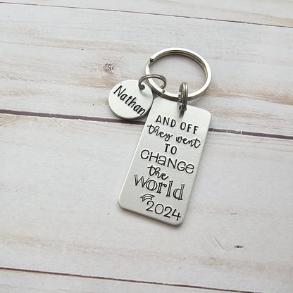 And Off They Went To Change The World, Non Binary Graduation Keychain, Custom Class of 2025, Inspirational High School Senior Gifts for Them