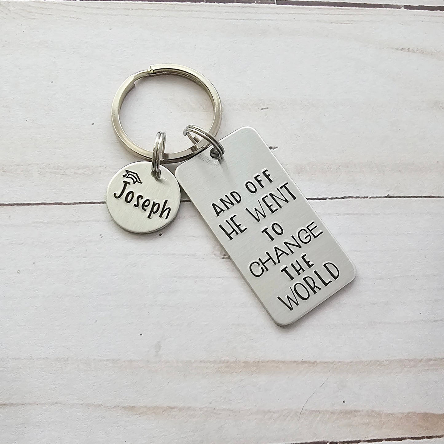 And Off He Went To Change The World Keychain, Custom Graduation Keychain Gifts for Him, Class of 2024 Seniors