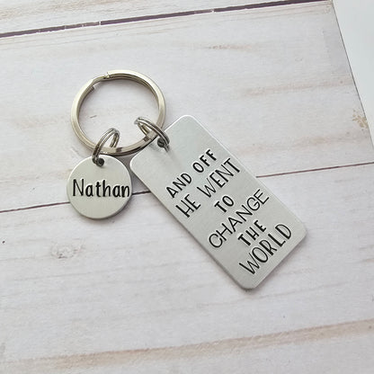 And Off He Went To Change The World Keychain, Custom Graduation Keychain Gifts for Him, Class of 2024 Seniors