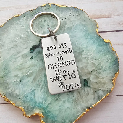 Graduation Gifts for Her, 2024 Personalized Seniors Keychain, And Off She Went To Change The World, High School Graduate Gift for Daughter