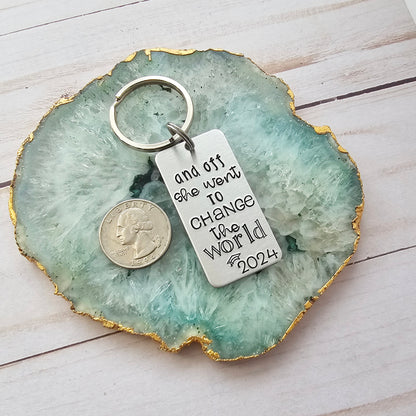 Graduation Gifts for Her, 2024 Personalized Seniors Keychain, And Off She Went To Change The World, High School Graduate Gift for Daughter