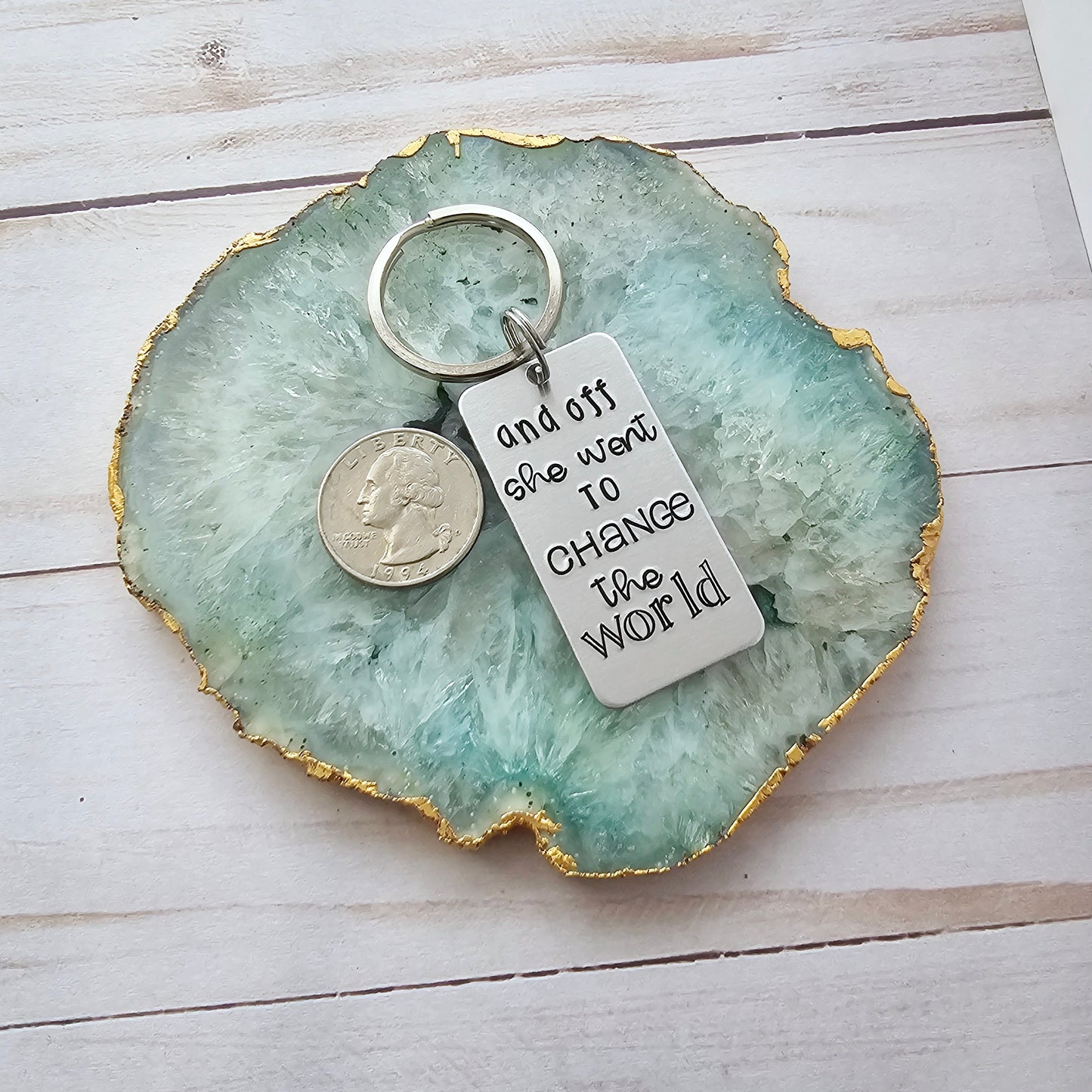Personalized Class of 2024 Graduation Gift, And Off She Went to Change the World. Custom Name Charm Key Chain, Inspirational Quote for Her