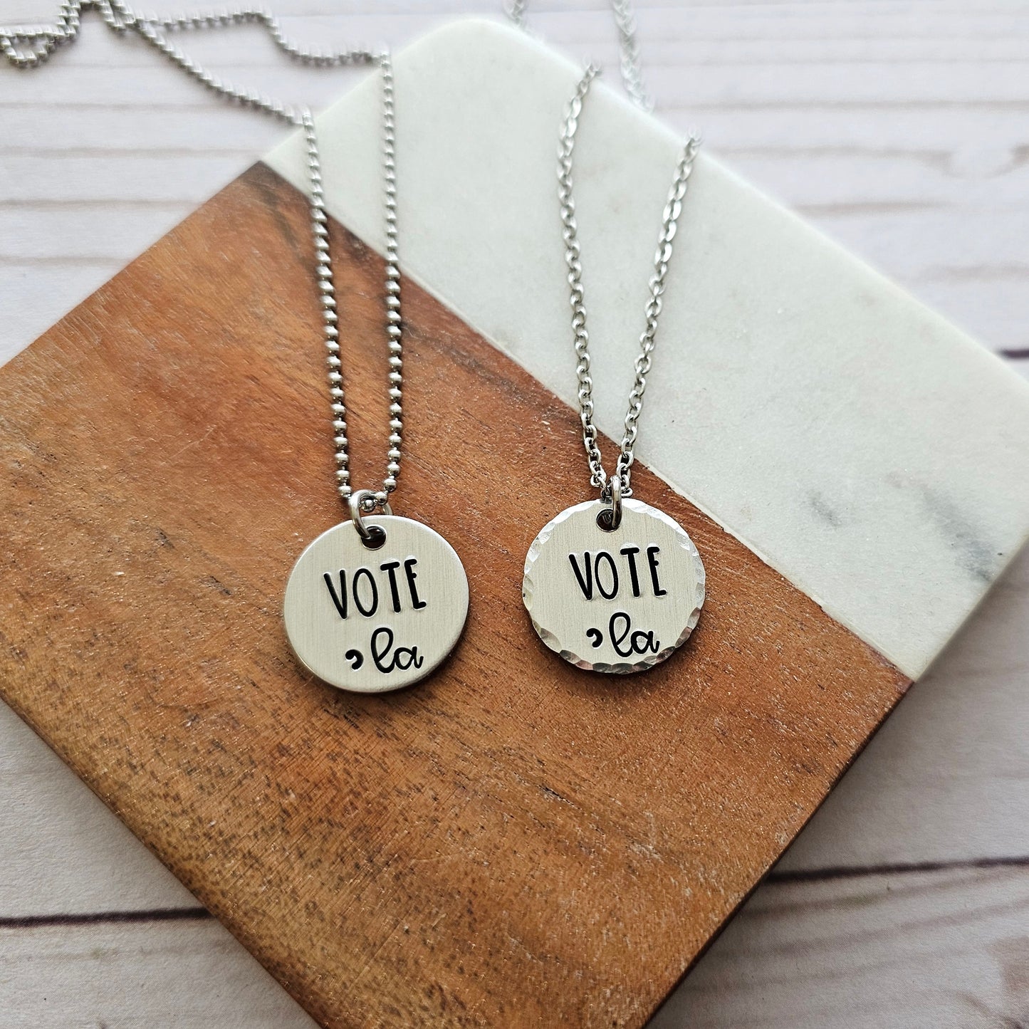 Vote Comma La Necklace, Handstamped Vote Jewelry, 2024 Presidential Election Accessories, Democratic Blue Wave