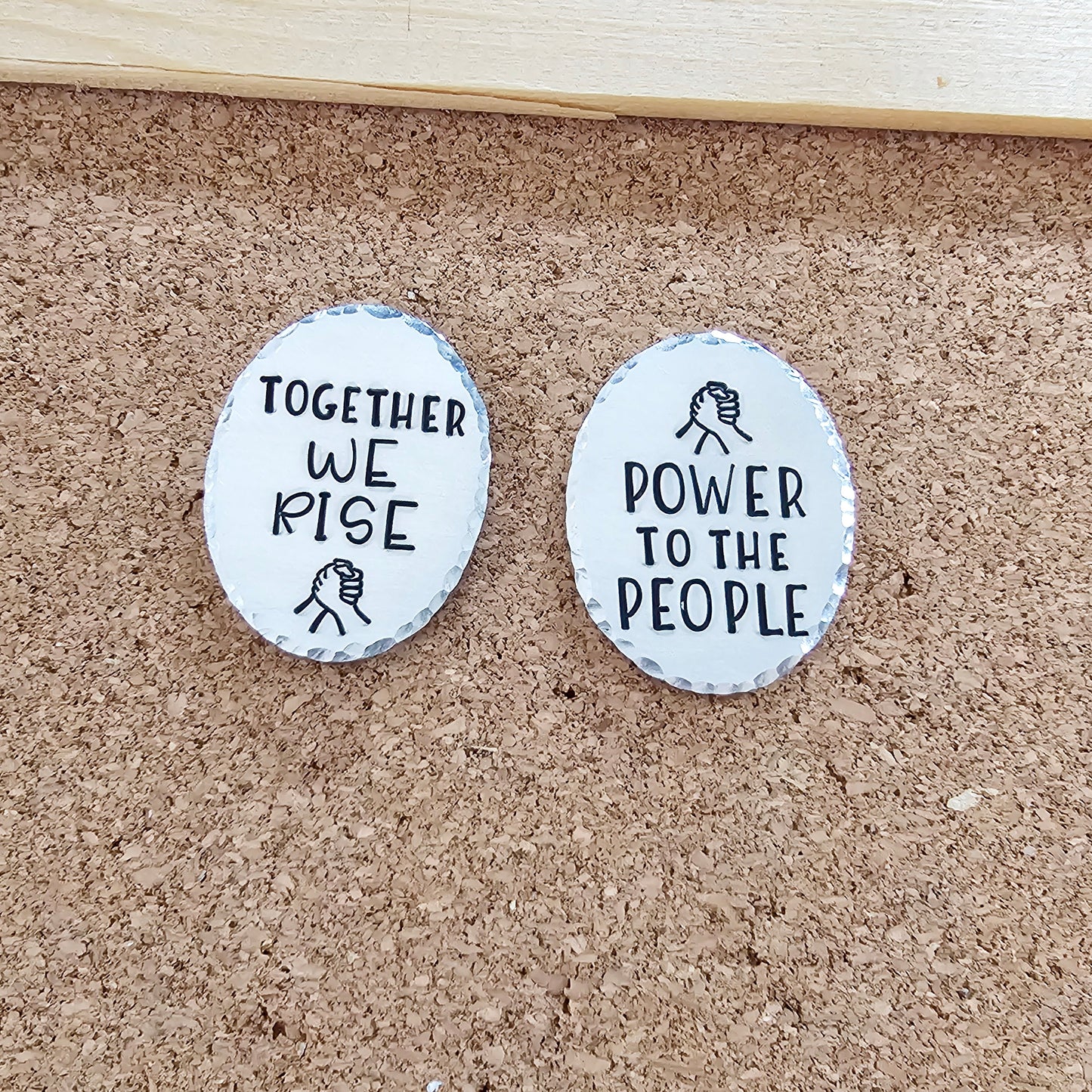 Choice of 1 Handstamped Pin - Together We Rise or Power to the People, Silver Political Protest Pins