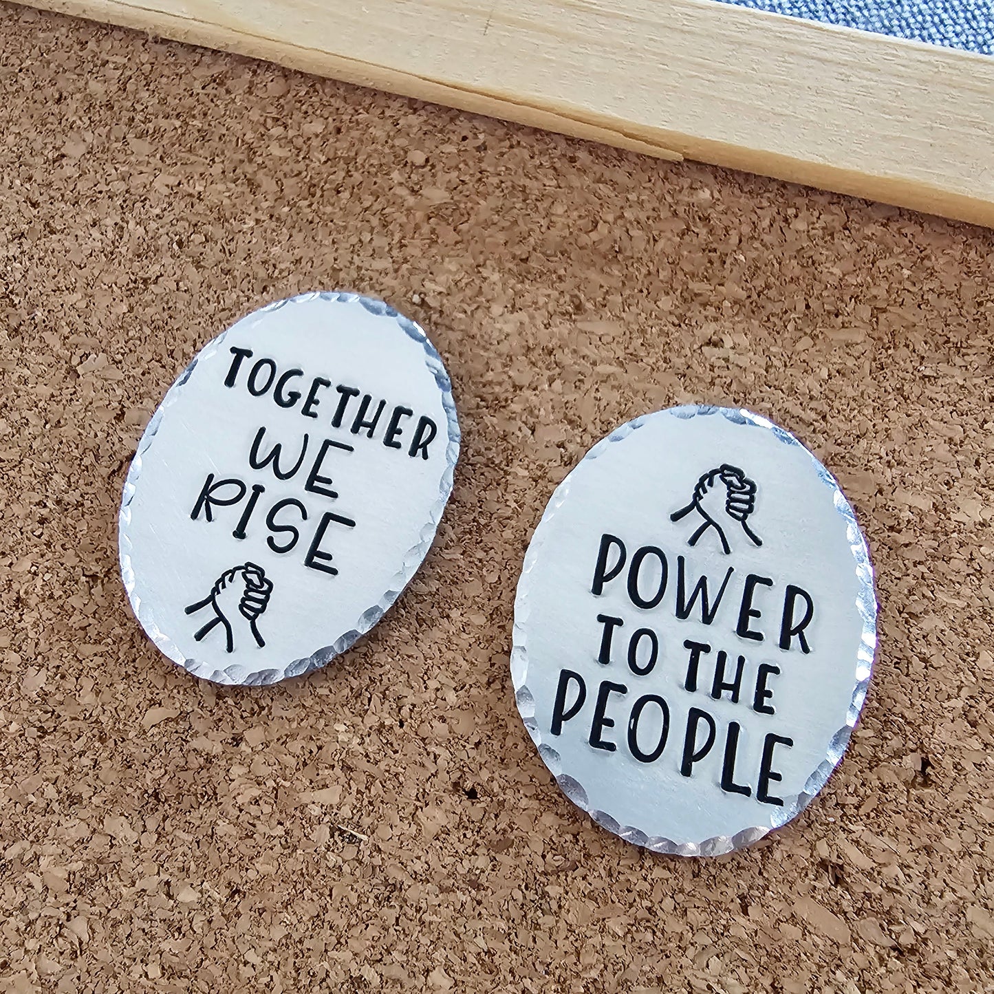 Choice of 1 Handstamped Pin - Together We Rise or Power to the People, Silver Political Protest Pins