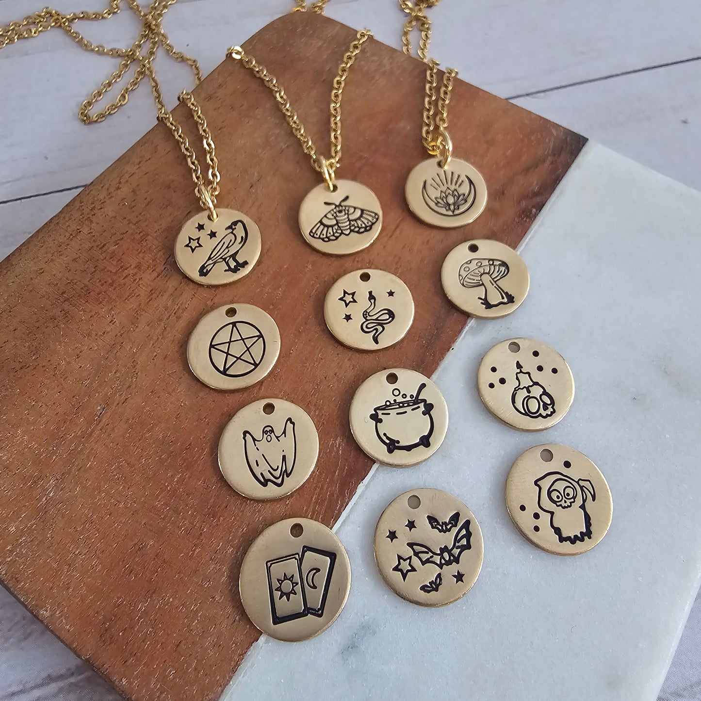 Lil Spookies Tiny Brass Disc Necklace with Spooky Designs