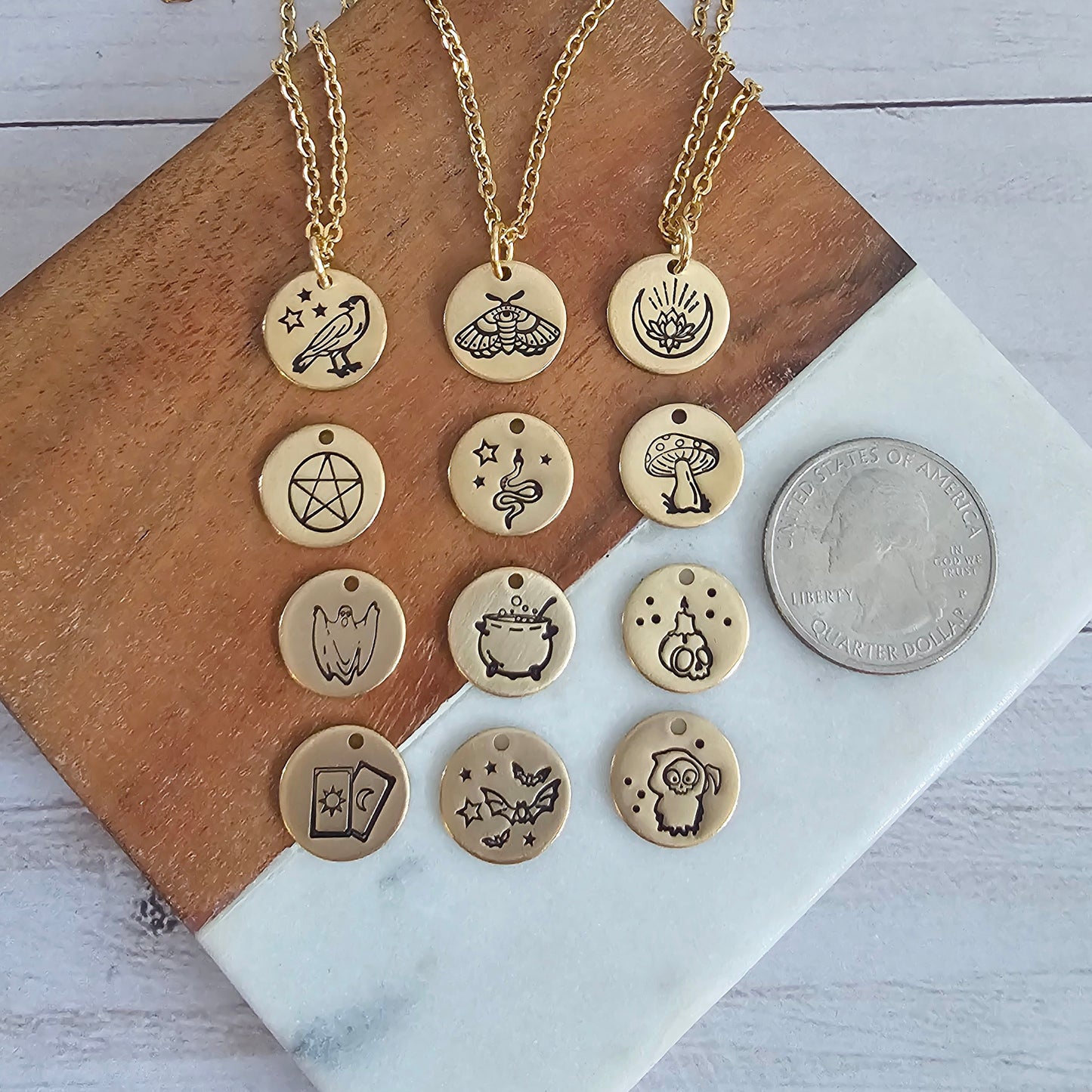 Lil Spookies Tiny Brass Disc Necklace with Spooky Designs