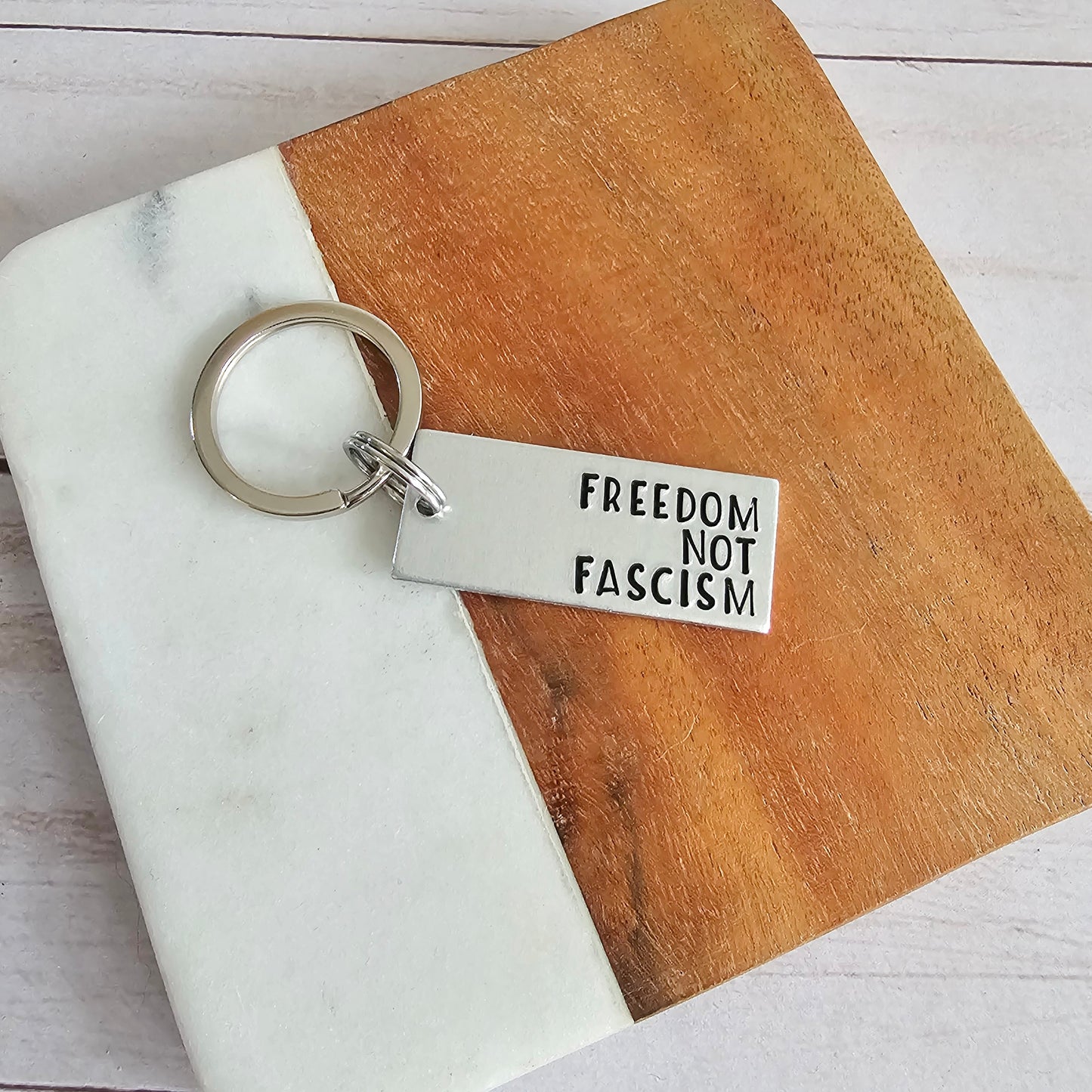 Freedom Not Fascism Keychain, Lightweight Silver Hand Stamped Keychain