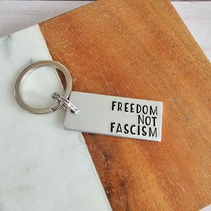 Freedom Not Fascism Keychain, Lightweight Silver Hand Stamped Keychain