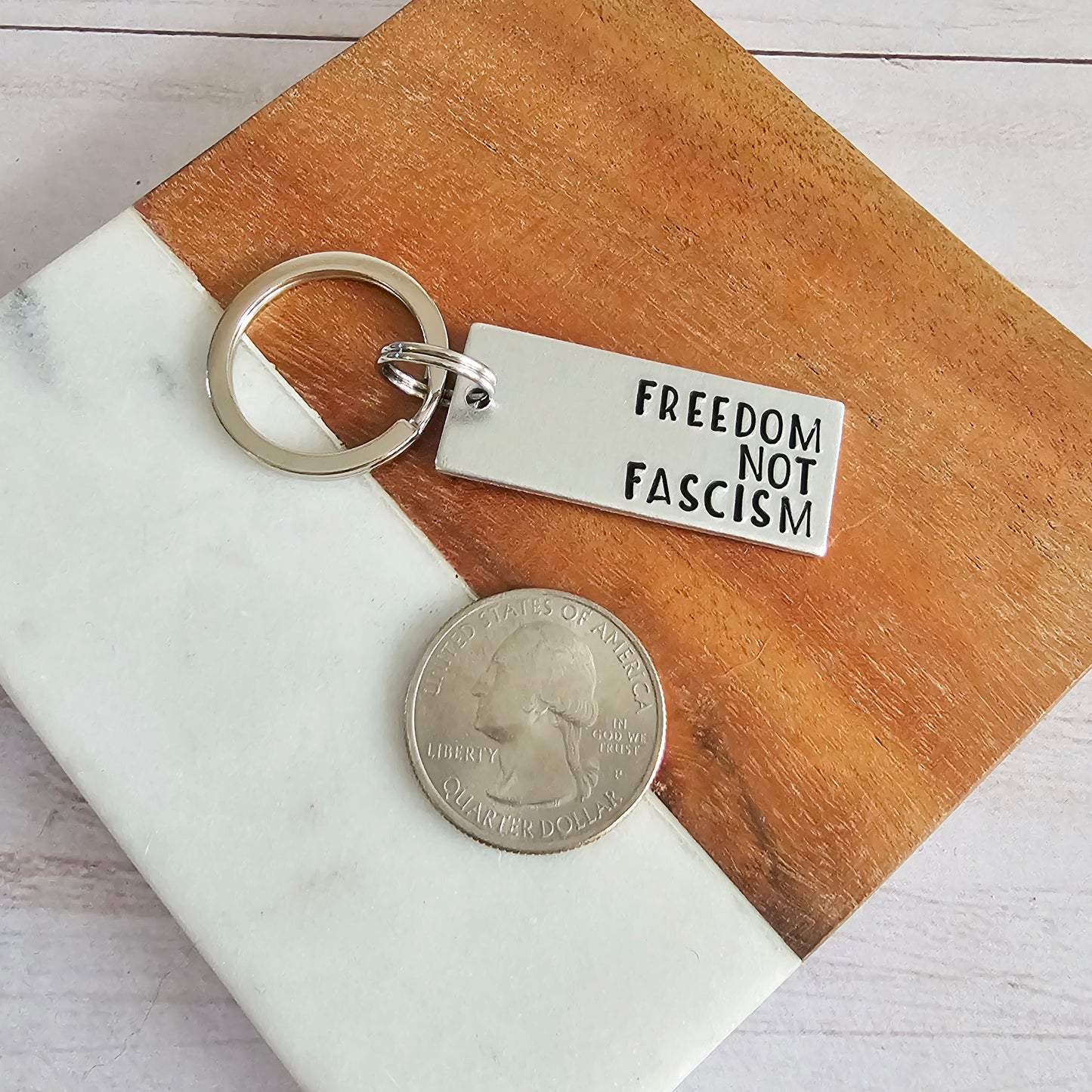 Freedom Not Fascism Keychain, Lightweight Silver Hand Stamped Keychain