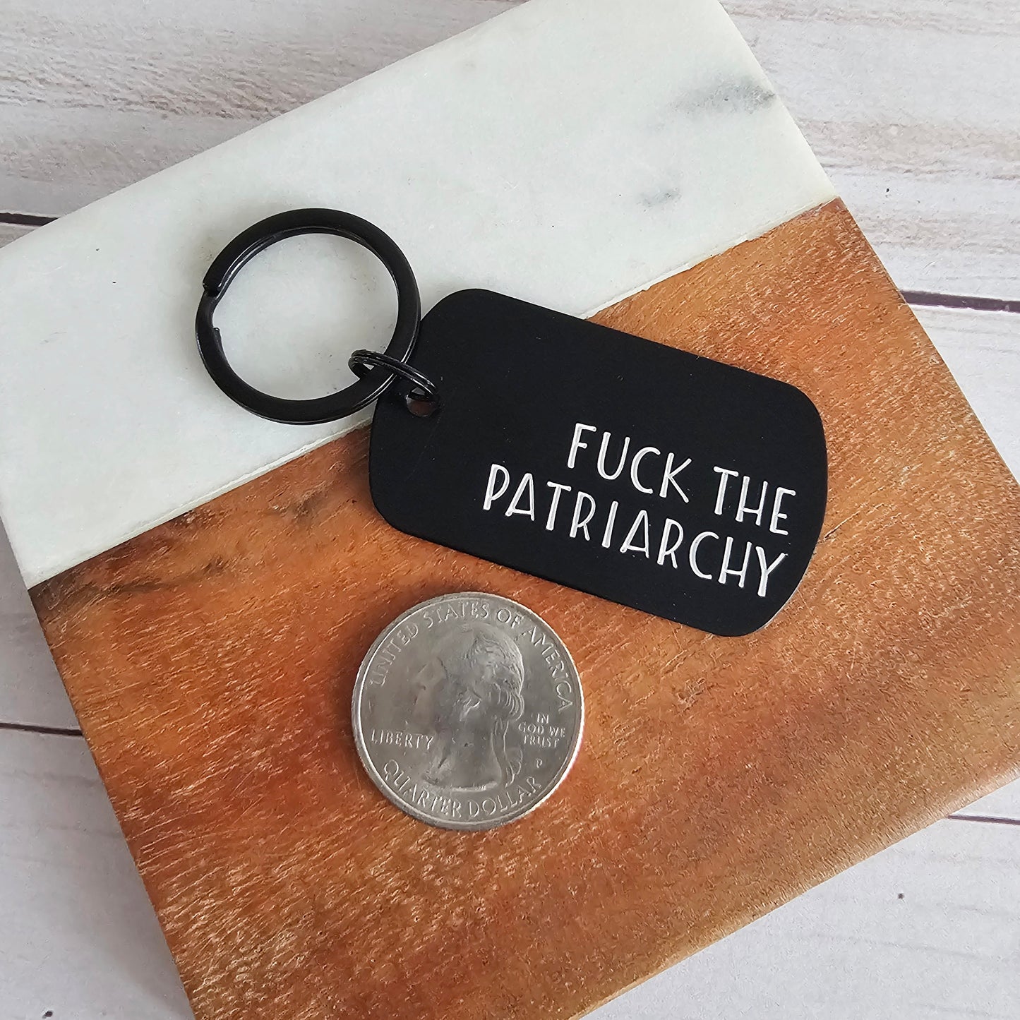Fuck The Patriarchy Black Dog Tag Keychain, Handstamped Lightweight Key Chain