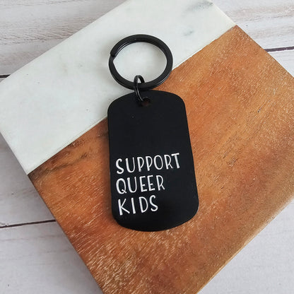 Support Queer Kids Black Dog Tag Keychain, Handstamped Lightweight Key Chain