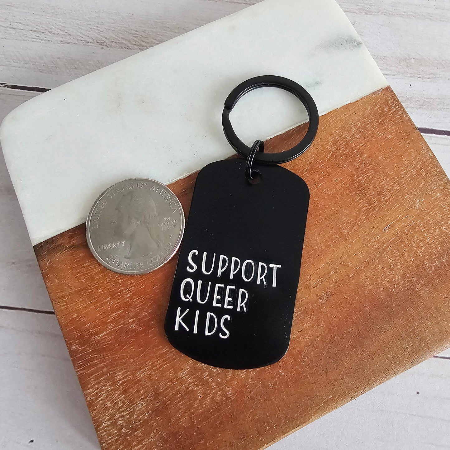 Support Queer Kids Black Dog Tag Keychain, Handstamped Lightweight Key Chain
